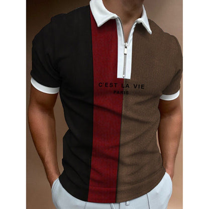 Men's Summer Polo Zipper Color Matching Sports Polo Shirt