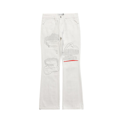 Street Jeans Distressed Washed Red Line Gothic Print Trousers