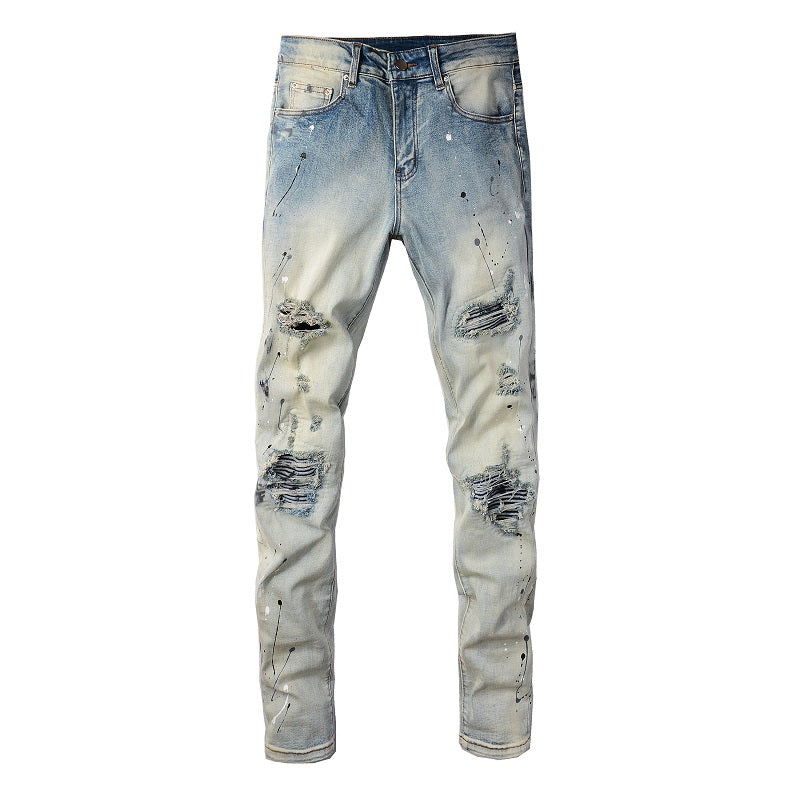 Light Colored Paint Splashing Ink Making Old Washed Jeans For Men