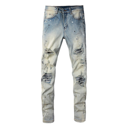 Light Colored Paint Splashing Ink Making Old Washed Jeans For Men