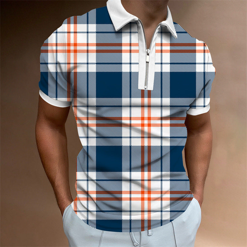 Men's POLO Lapel Striped Plaid Short Sleeve T-Shirt