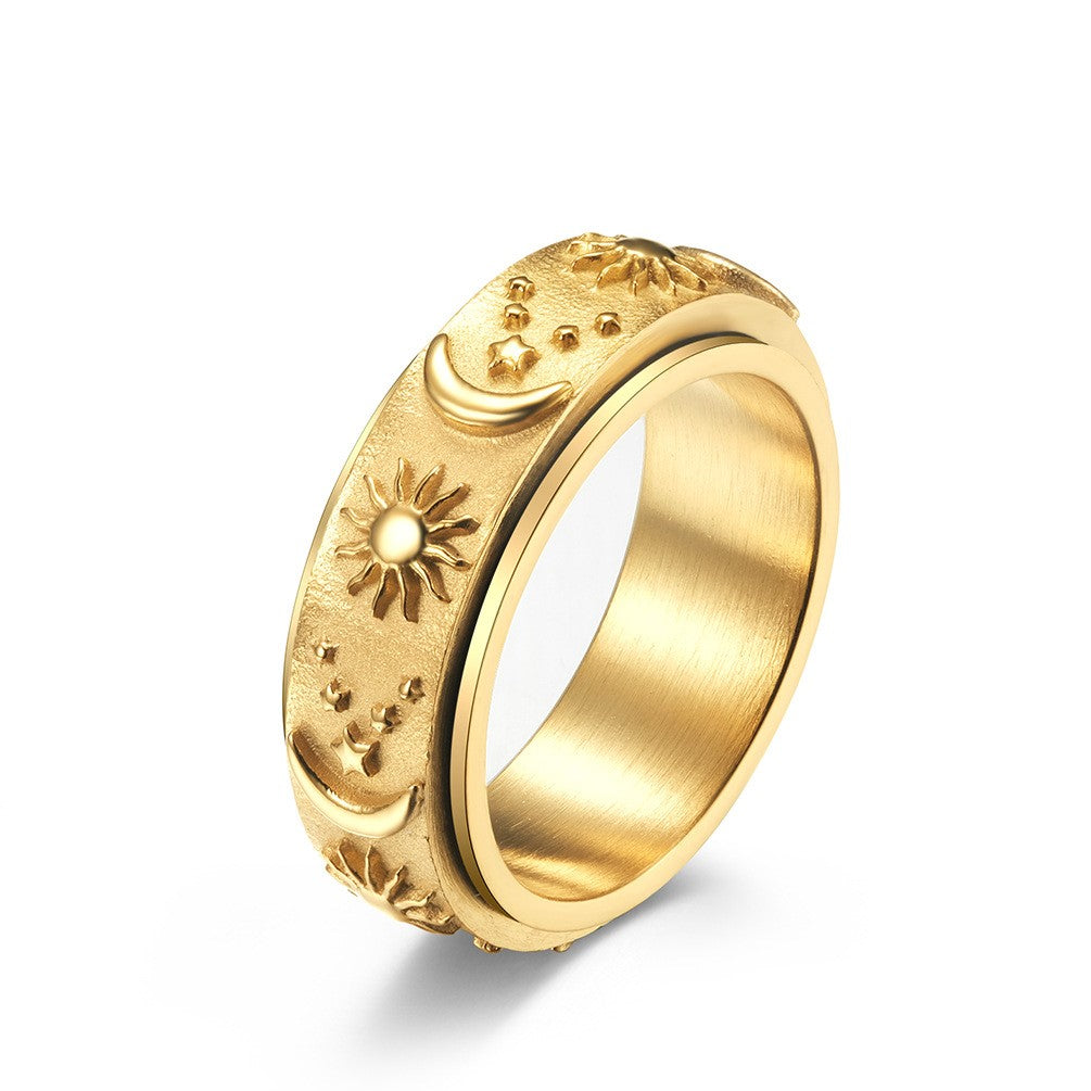 Hip Hop Male Star Sun Moon Titanium Steel Rotatable Ring