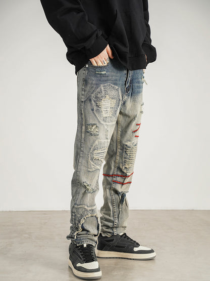 Patched Red Line Straight-leg Jeans