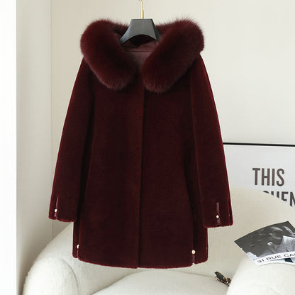 Women's Fox Fur Collar Hooded Sheep Shearling Coat