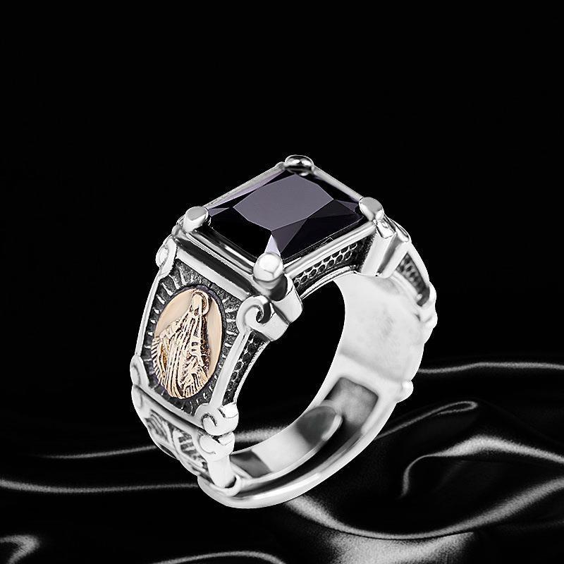 Vintage White Gold-plated Ornament Hip Hop Style Male Black Agate Virgin Mary Temperament Ring