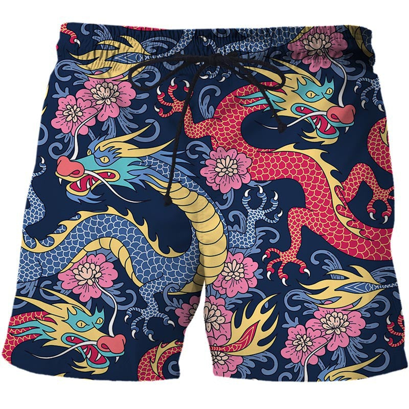 Chinese Style Shorts Dragon And Phoenix Pattern 3D Printing Loose Fifth Pants Creative Breathable Casual Pants