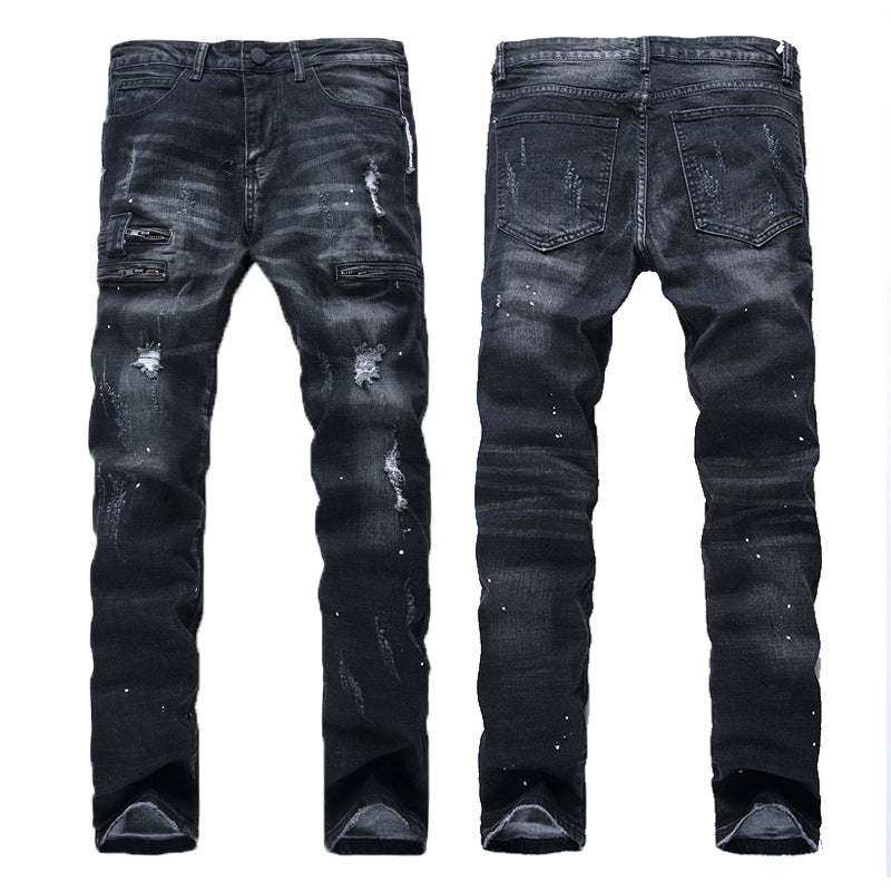 European And American High-street Fashion Men's Zippered Torn Jeans