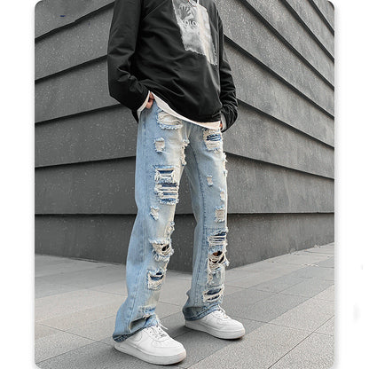 Men's Straight Irregular Trendy Ripped Jeans