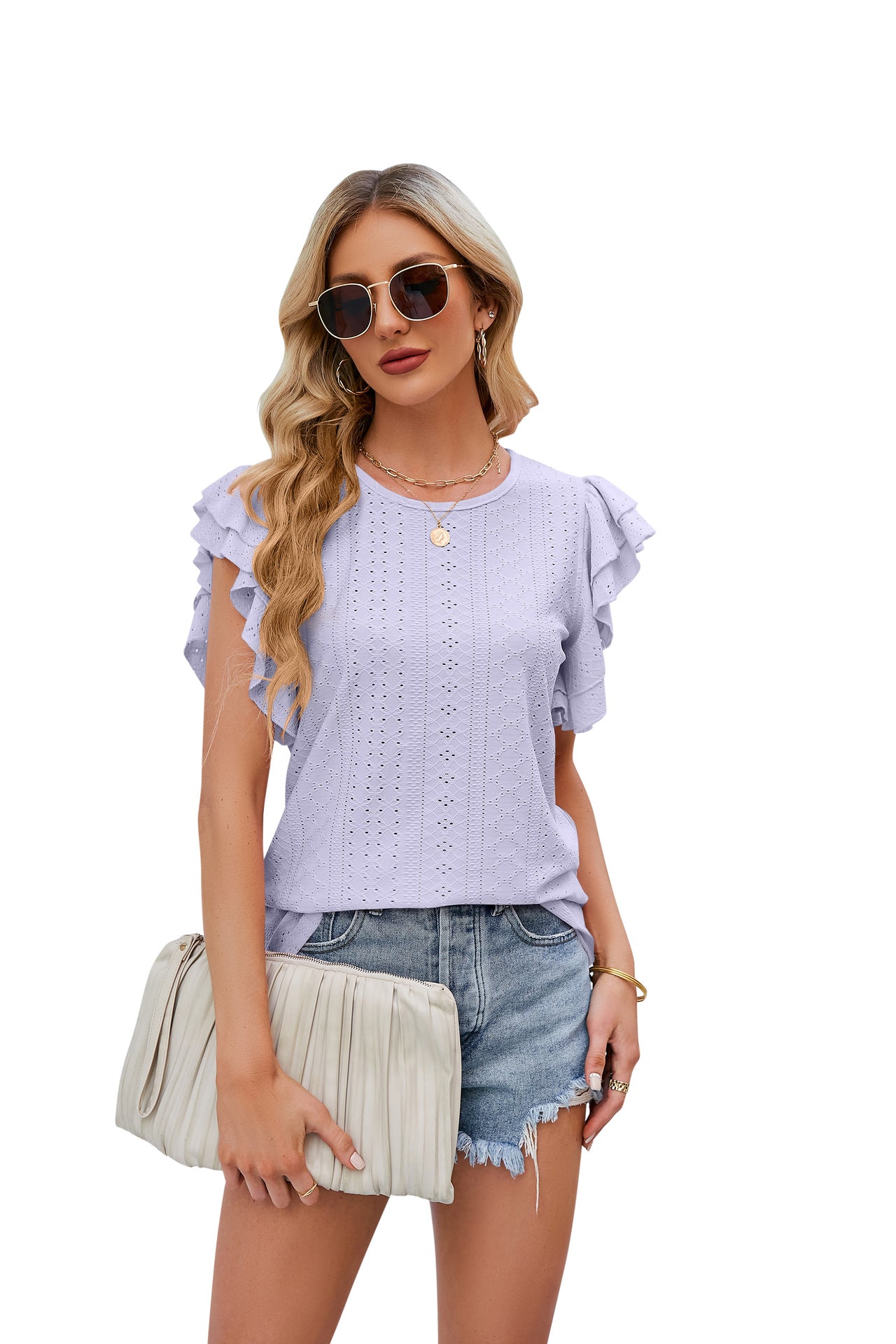 Round Neck Double Layer Ruffle Sleeve Hollow Short Sleeve