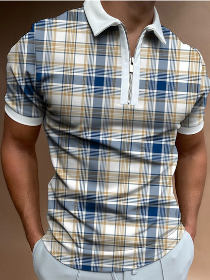 European And American POLO Zipper Checkered Men's T-shirt