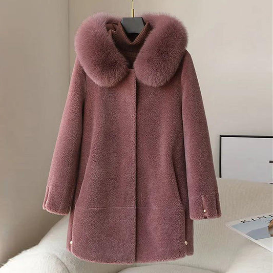 Women's Fox Fur Collar Hooded Sheep Shearling Coat