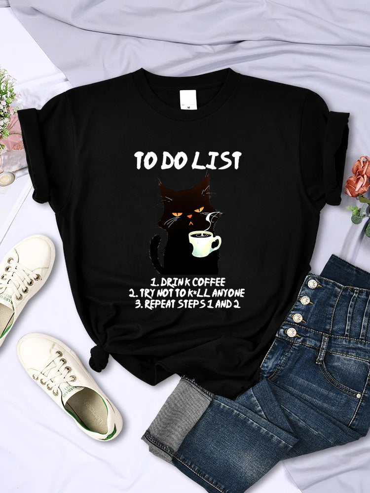 Black Cat To-do List Pattern T-shirt Funny Cat Coffee