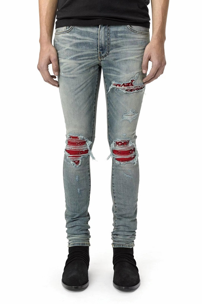 Red Printed Pleated Elastic Light Colored Jeans For Men