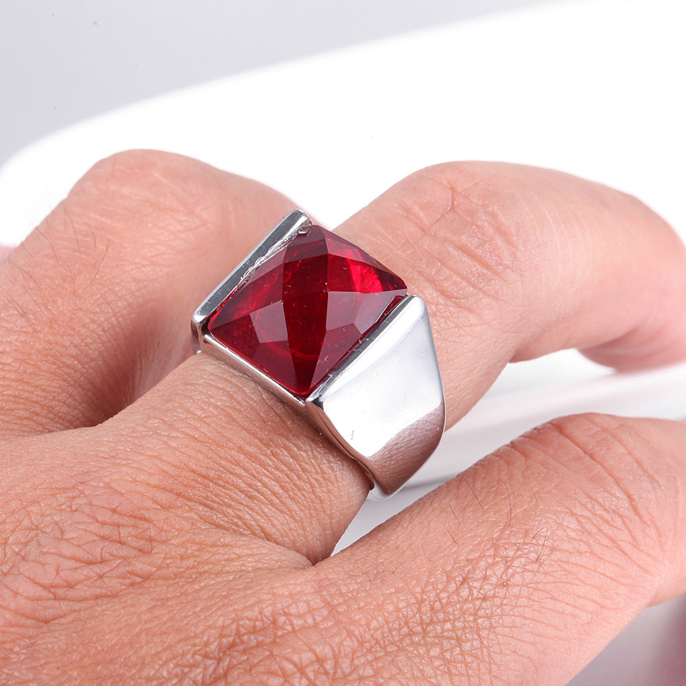 Stainless Steel  Male Retro Garnet Red Creative Ring