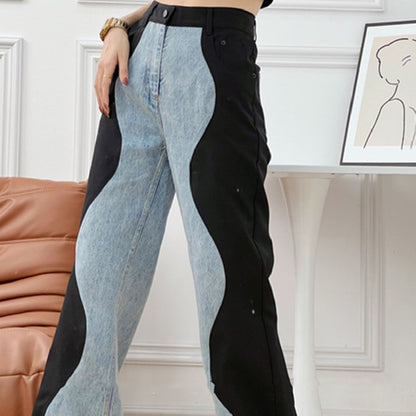 Black And Blue Wavy Denim Splicing Straight Wide Leg Pants