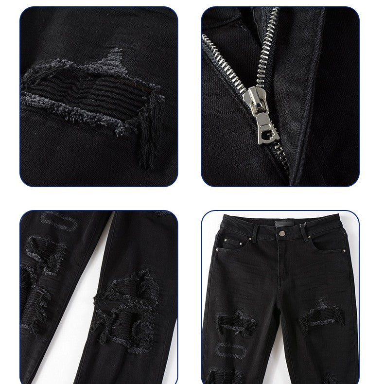 Black Patch Pleated Jeans For Men