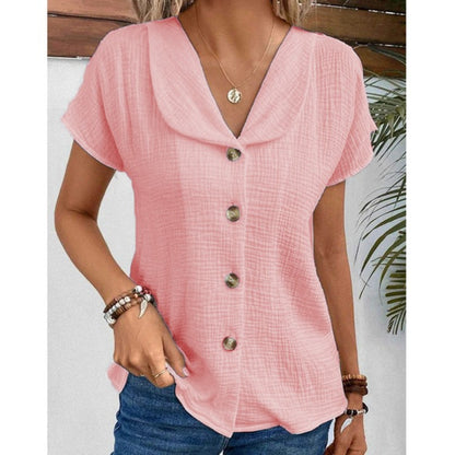 Solid Color Fashion Short Sleeve Cardigan Button Women's Top