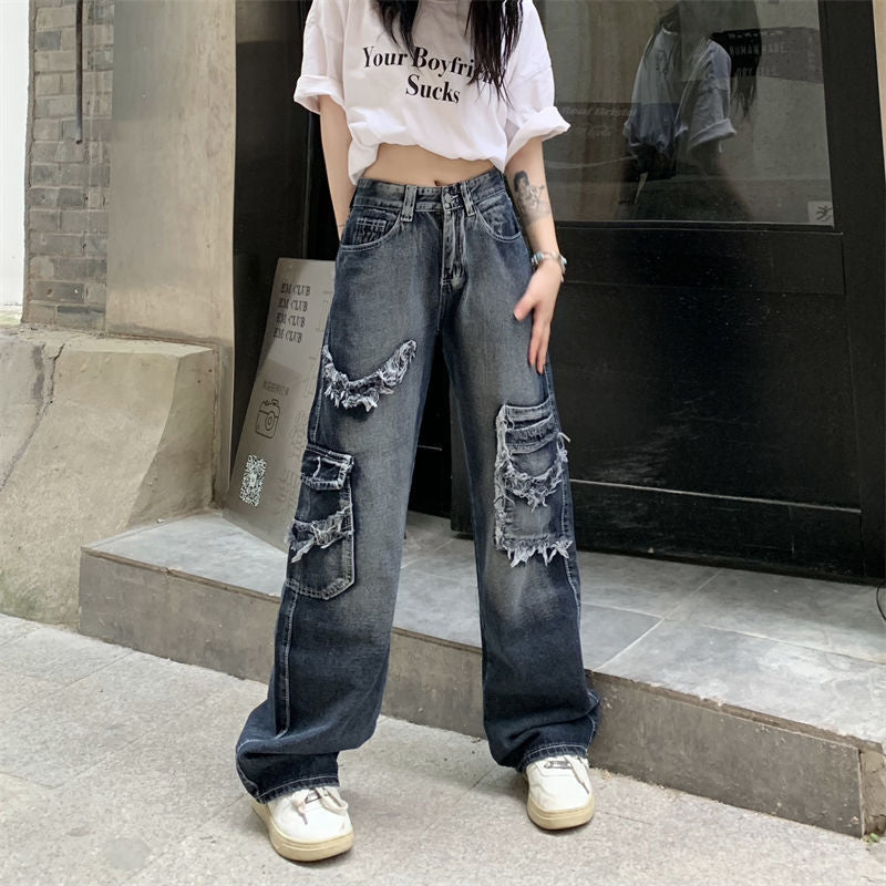 High Street Vintage Jeans Women's Summer Washed Worn Harajuku Straight Drooping Wide Leg Pants