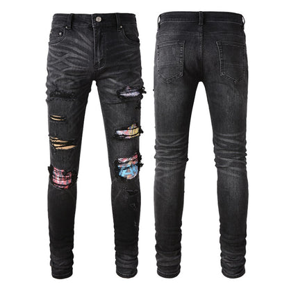 Knee Color Patch Torn Jeans Male