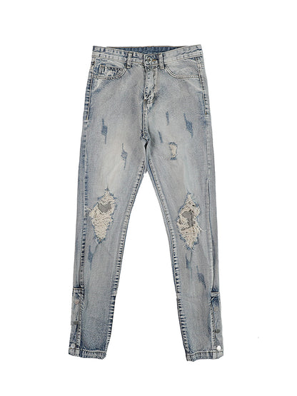 Washed Hole-breasted Straight-leg Jeans With Slit