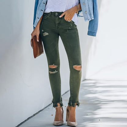 Women's New Dark Green Raw Design Ripped Jeans