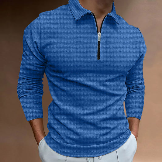 European And American Autumn New Waffle Long-sleeve Zipper Polo Shirt Men's T-shirt Top