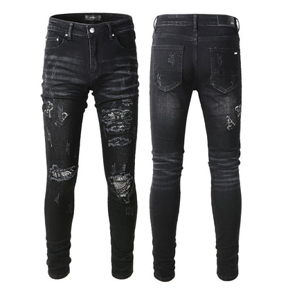 Men's Black Paisley Printed Patch Ripped Jeans