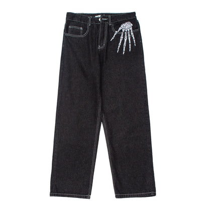 Men's Dark Skeleton Embroidery Jeans