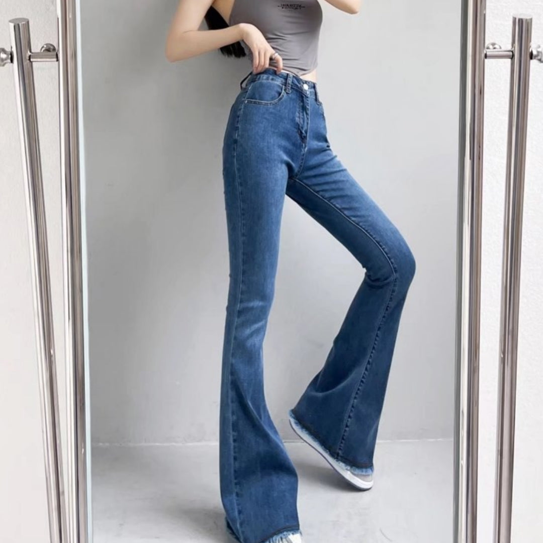 Autumn And Winter Fashion Small High Waist Raw Hem Jeans Retro Distressed Small Man Stretchy Wide-leg Slim Flare Pants