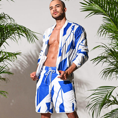 Men's Casual Beach Pants Loose Comfortable Blue And White Printed Beach Shorts