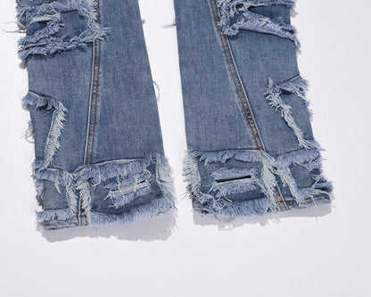 Destruction Ripped Patch Whisker Blue Jeans