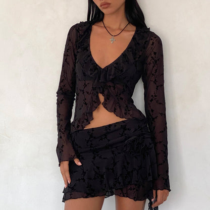 Lace Mesh Solid Color Short Skirt Suit Two-piece S