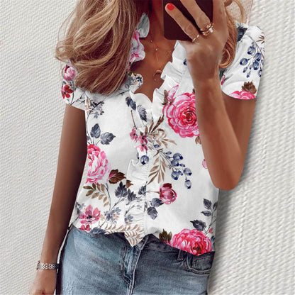 European And American Summer Ruffles Short Sleeve Slim Flower Print