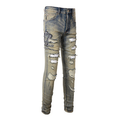 High Street Embroidered Jeans With Holes