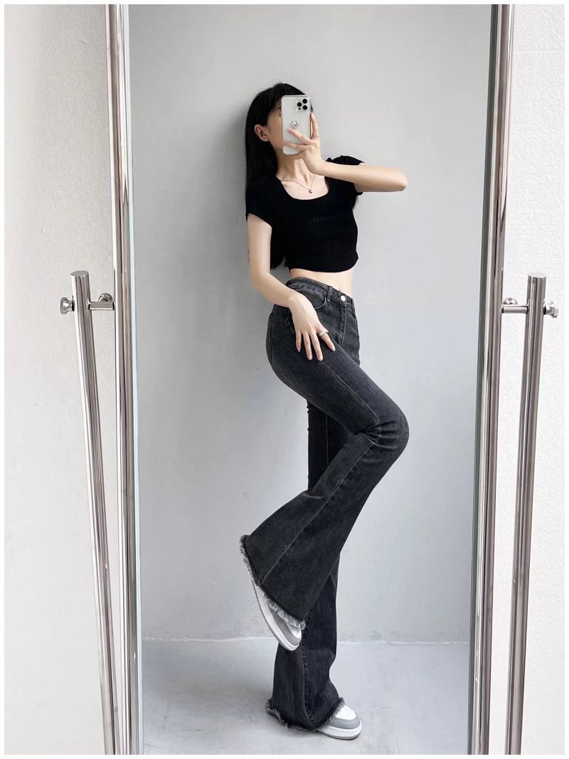 Autumn And Winter Fashion Small High Waist Raw Hem Jeans Retro Distressed Small Man Stretchy Wide-leg Slim Flare Pants