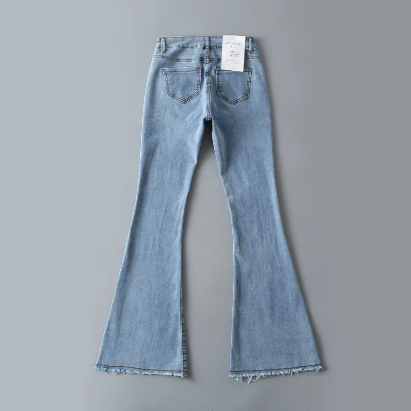 Autumn And Winter Fashion Small High Waist Raw Hem Jeans Retro Distressed Small Man Stretchy Wide-leg Slim Flare Pants