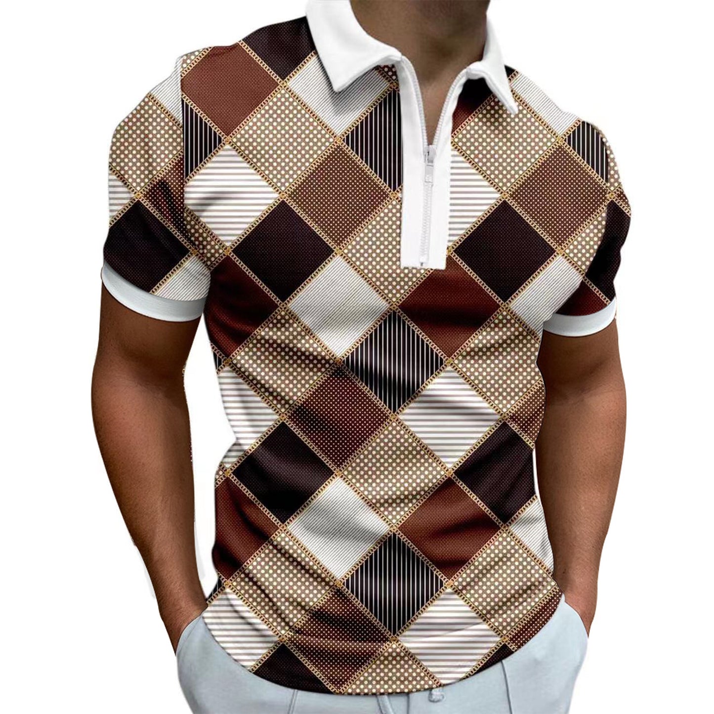 Men's 3D Digital Printing Zipper Polo Shirt Plus Size