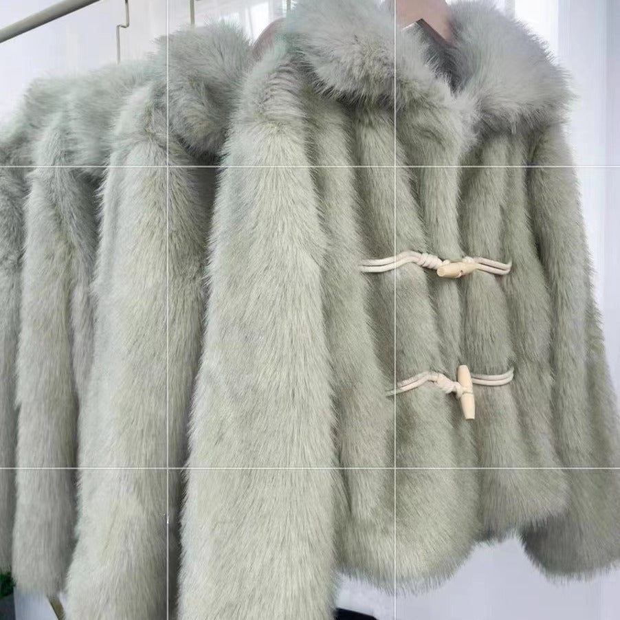 Green Horn Button Green Fur Short Plush Coat