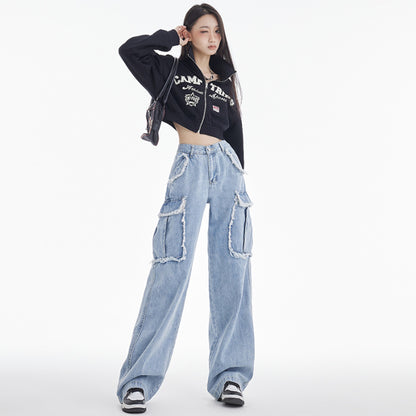 Plush Pocket Workwear Denim Wide Leg Pants