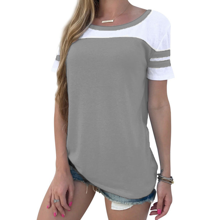 Contrast Round Neck T-shirt For Women's Summer Top Loose Fitting