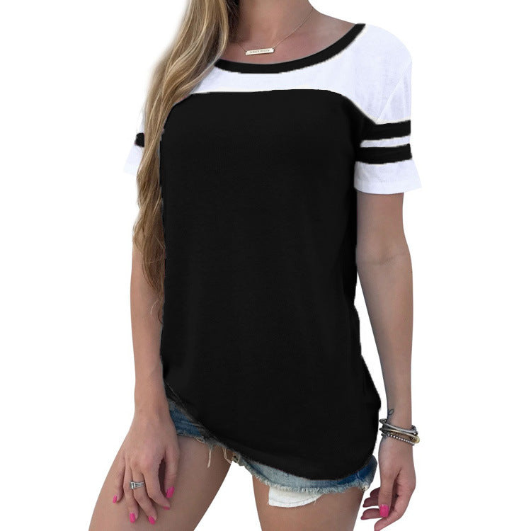 Contrast Round Neck T-shirt For Women's Summer Top Loose Fitting