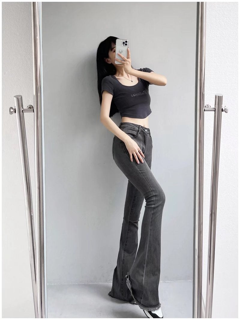 Autumn And Winter Fashion Small High Waist Raw Hem Jeans Retro Distressed Small Man Stretchy Wide-leg Slim Flare Pants