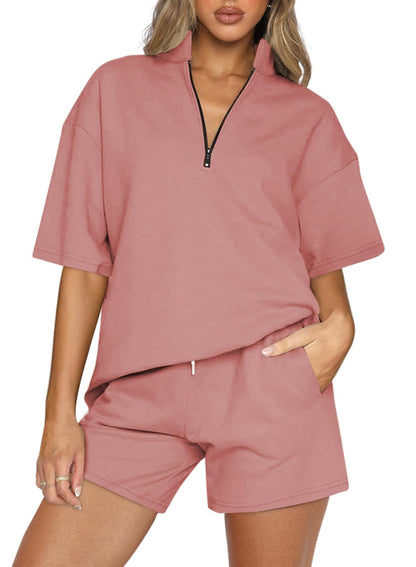 Ladies Two-piece Set Oversized Half Zipper Pullover Short Sleeve