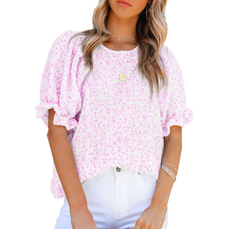 Women's Short Sleeve Round Neck Printed Puff Sleeve Chiffon Top