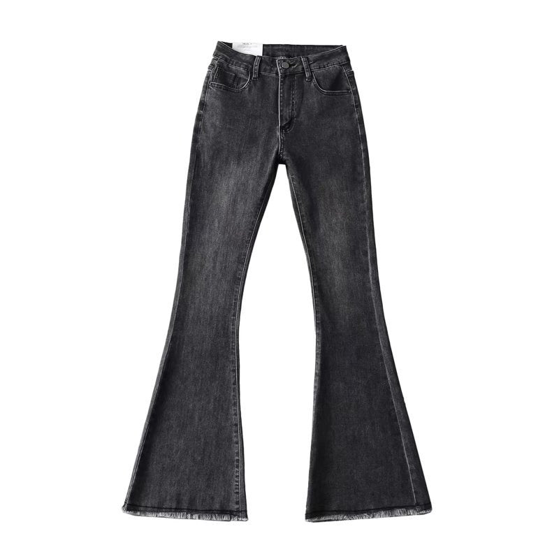 Autumn And Winter Fashion Small High Waist Raw Hem Jeans Retro Distressed Small Man Stretchy Wide-leg Slim Flare Pants