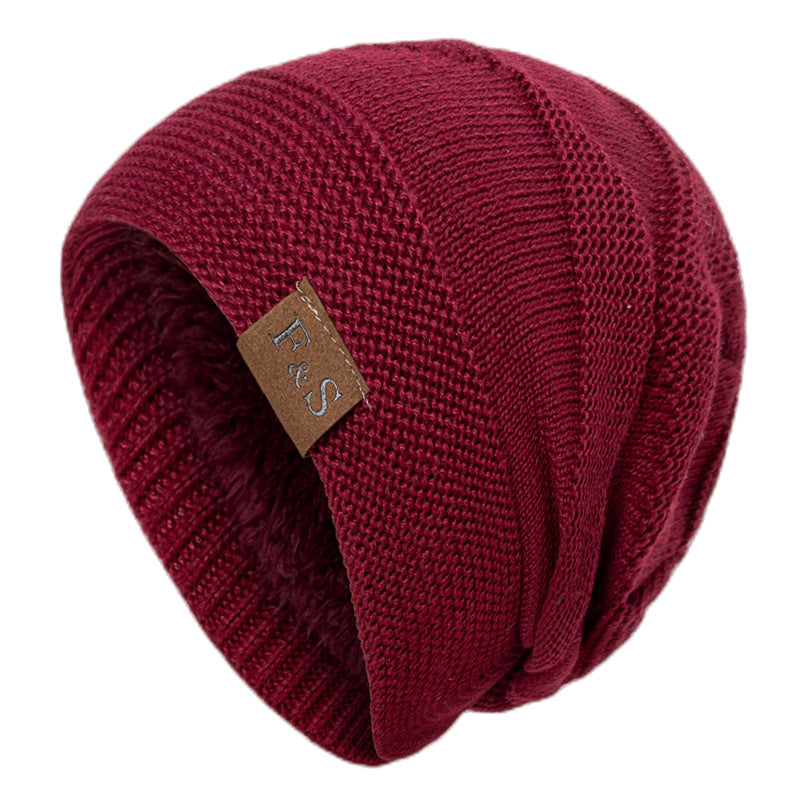 Fleece-lined Woolen Hat Winter Knitting Solid Color Sewed Label Horizontal Bar Warm Pullover Cap