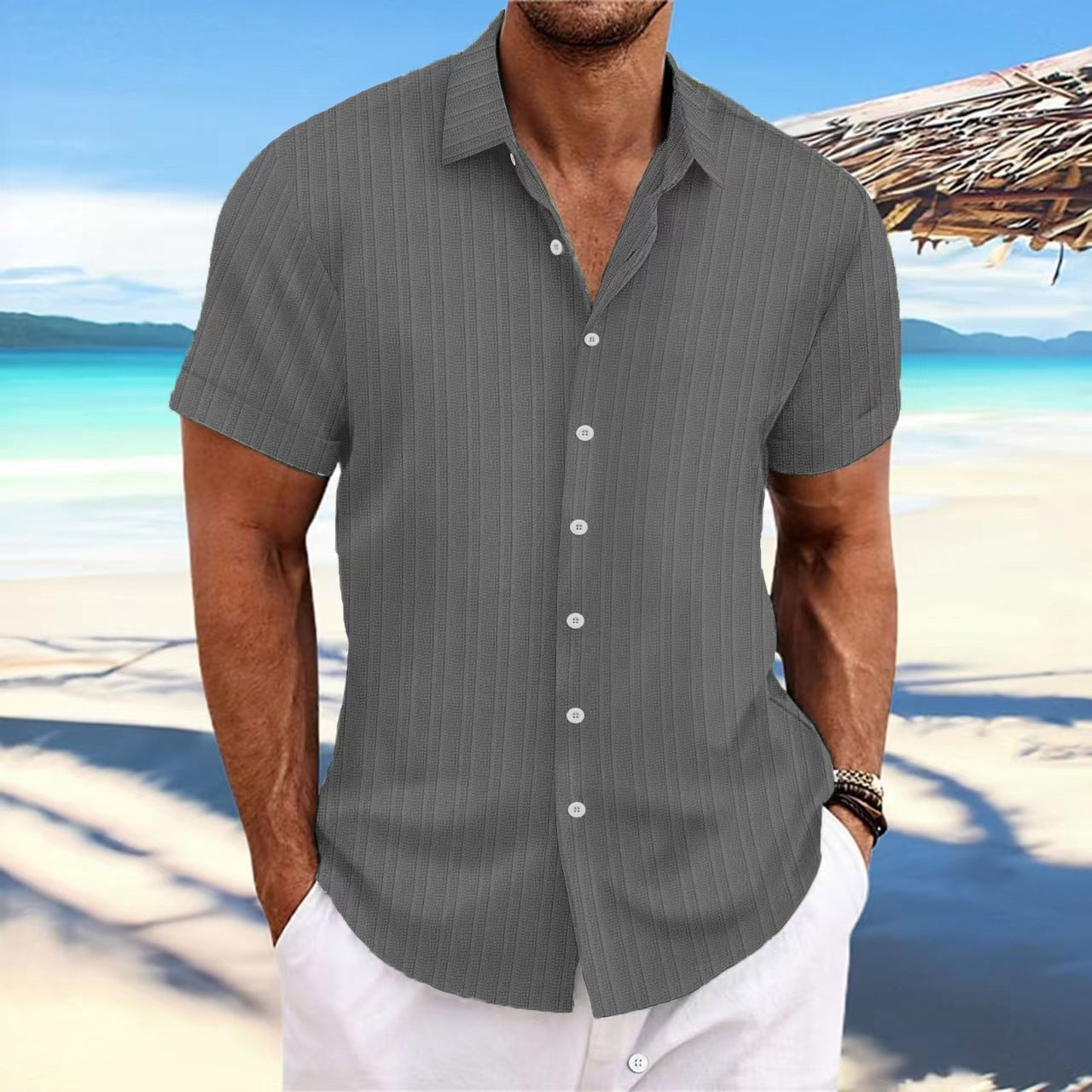 Men's Cotton And Linen Stripes Jacquard Casual Loose Short Sleeves