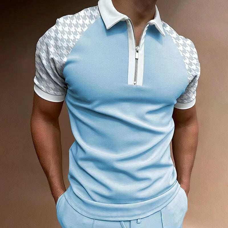 Men's Polo Shirt Short Sleeve Color Matching Plaid Zipper