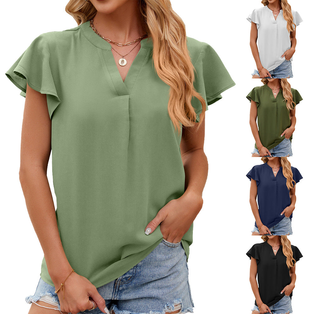 V-neck Ruffled Sleeve Solid Color Short Sleeve Chiffon Loose Top