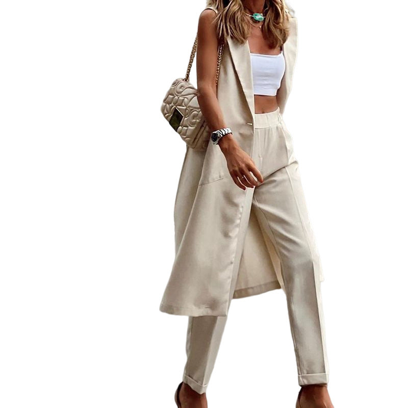 Women's Sleeveless Long Coat Straight Two-piece Suit